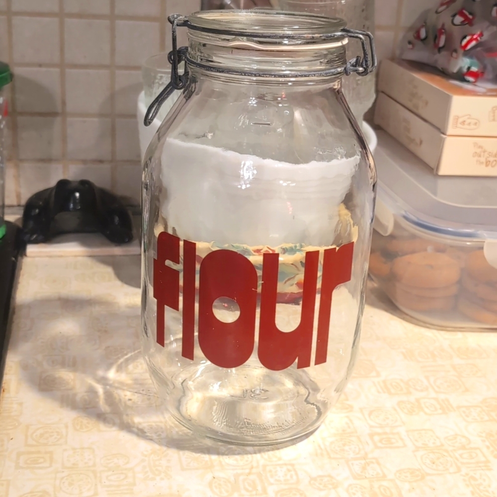 Vtg 70s Triomphe Glass Flour Canister Metal Bale Typography Letters Jar